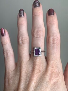 Purple Lab-Created Diamond Halo Ring 925 Sterling Silver Size 7.5 CZ
